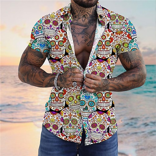 

Men's Shirt Summer Hawaiian Shirt Floral Skull Graphic Prints Turndown Black White Street Casual Short Sleeves Button-Down Print Clothing Apparel Tropical Fashion Hawaiian Designer