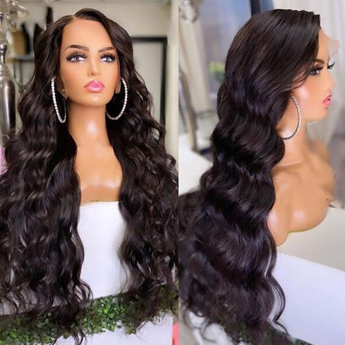 

Ubearbeidet jomfruhår 13x4 blonder foran Parykk Lagvis frisyre Brasiliansk hår Bølget Svart Parykk 130% 150% Hair Tetthet med baby hår Naturlig hårlinje 100% Jomfru limfrie Pre-Plucked Til Dame Lang