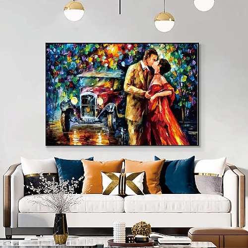 

Handmade Hand Painted Oil Painting Wall Modern Abstract Kissing Lovers Painting Pattle Knife Art Canvas Painting Home Decoration Decor Rolled Canvas No Frame Unstretched