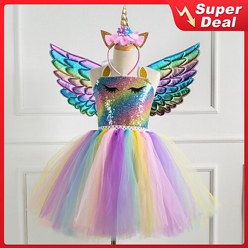 

Kids Little Girls' Dress 2-8 Years 3pcs Unicorn Princess Rainbow Colorful Party Tutu Birthday Dresses With Wing and Headband Sequins Halter Purple Gold Silver Cute Dresses