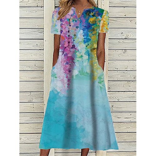 

Dame Afslappet påklædning Print kjole Blomstret Lomme Trykt mønster V-hals Midikjole Aktiv Mode udendørs Ferierejse Kortærmet Regulær Blå Forår Sommer S M L XL XXL