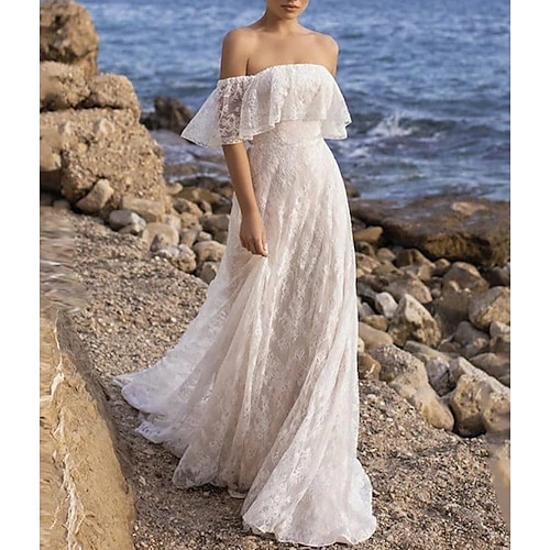 

Spiaggia / Destinazione Boho Abiti da sposa Strascico di corte Linea-A Manica corta Senza spalline Di pizzo Con Con applique Tinta unita 2023 Abiti da sposa