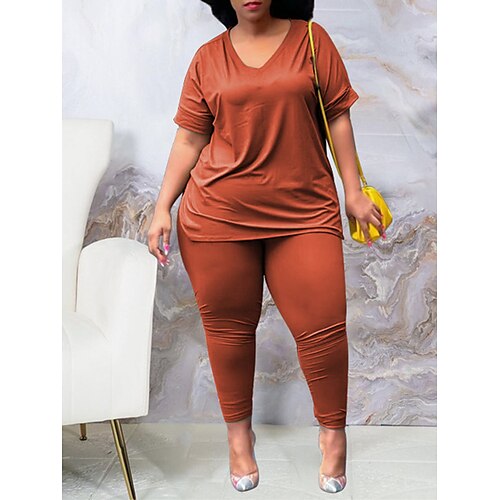 

Per donna Plus Size loungewear Completi Colore puro Informale Comoda Morbido Giornaliero Appuntamento Da mare Poliestere Traspirante Spacco a V Manica corta Pantalone Vita elastica Autunno Primavera