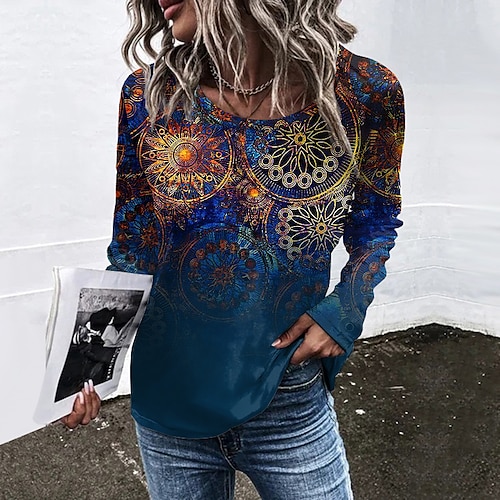 

Women's T shirt Tee Blue Graphic Print Long Sleeve Daily Weekend Basic Round Neck Regular Painting S