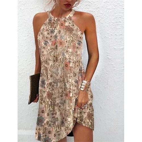 

Dame Afslappet påklædning Sommerkjole Print kjole Blomstret Trykt mønster Grime Mini kjole Aktiv Mode udendørs Daglig Uden ærmer Regulær Kakifarvet Forår Sommer S M L XL XXL