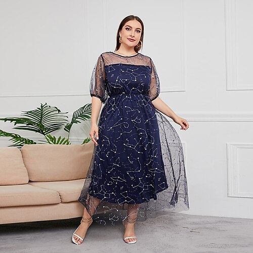 

Plus Size Curve Kjole til brudens mor Fest Glitrende Scoop hals Ankellængde Tyl Halvlange ærmer med Paillette Broderi 2023