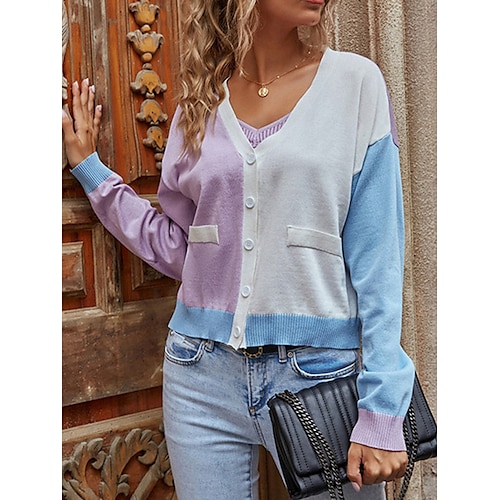 

Mulheres Sueter Cardigan Saltador Estriado Tricotar Botão Bolsos Bloco de cor Decote V à moda Casual Diário Para Noite Outono Primavera Roxo S M L