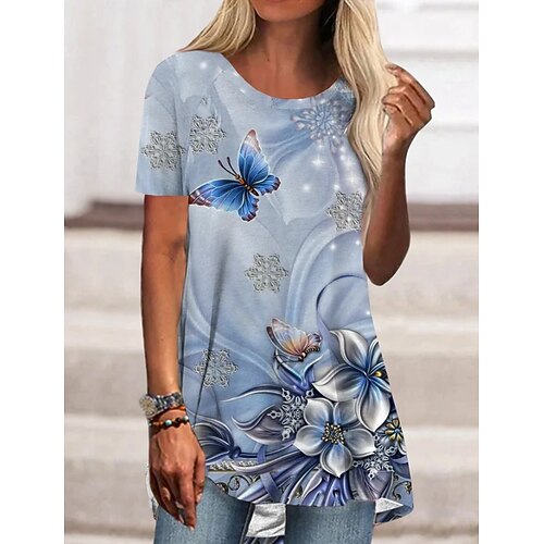 

Damen T Shirt Staubiges Blau Blumen Pflanzen Patchwork Bedruckt Kurzarm Heim Casual Vintage Boho Rundhalsausschnitt Standard Blume Böhmisches Thema S