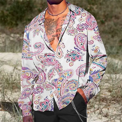 

Men's Shirt Floral Graphic Prints Turndown Black Yellow Pink Gray Outdoor Street Long Sleeve Button-Down Print Clothing Apparel Fashion Boho Streetwear Designer