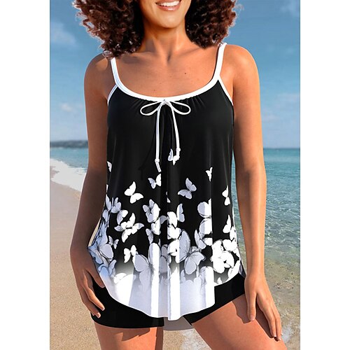 

Damen Badeanzug Tankini 2 Stück Übergröße Bademode 2 Teile Print Blumen Schwarz Weiß Blau Purpur Tank Top Badeanzüge Sport Strandbekleidung Sommer