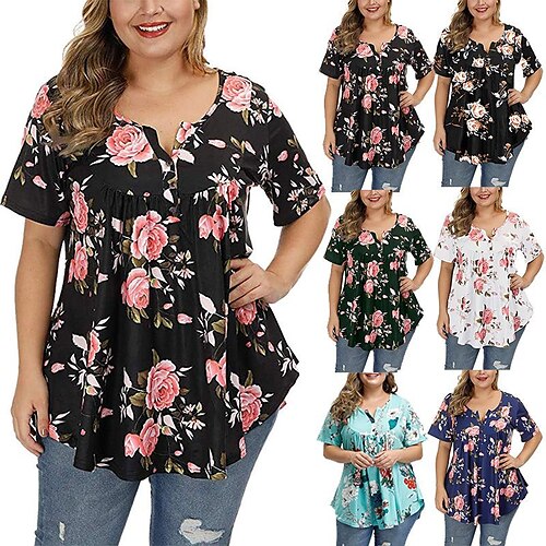 

Women's Shirt Blouse ArmyGreen Lake Green Black pink flower Floral Button Flowing tunic Short Sleeve Casual Holiday Basic Round Neck Regular Floral S