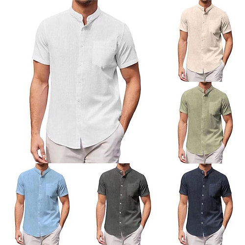 

Men's Shirt Linen Shirt Summer Shirt Beach Shirt White Navy Blue Blue Short Sleeve Plain Stand Collar Summer Casual Daily Clothing Apparel Front Pocket