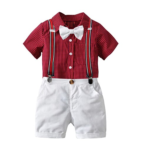 

4 pezzi Bambino Da ragazzo Camicia e pantaloncini Abiti da cerimonia Completo Vestito A quadri Manica corta Pulsante Impostare Formale Di tendenza Fantastico Primavera Estate 3-7 anni Bianco Blu