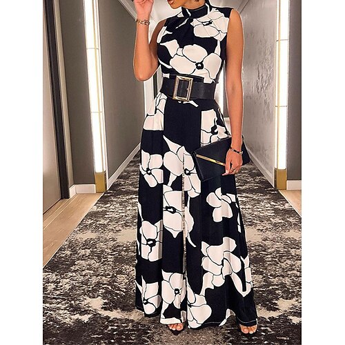 

Women's Jumpsuit Lace up High Waist Floral Crew Neck Streetwear Daily Vacation Regular Fit Sleeveless Black Red S M L Spring