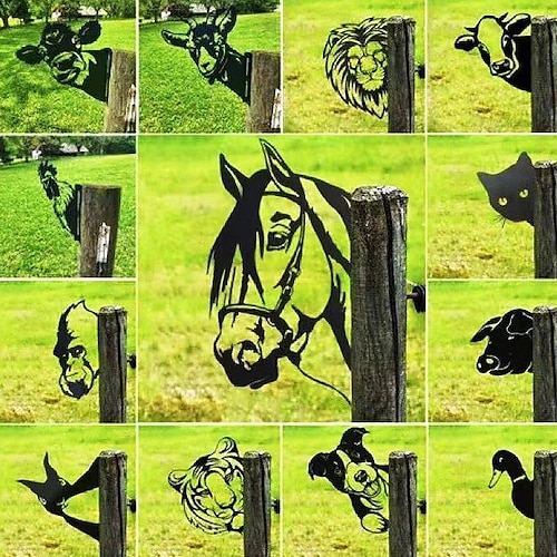 LFFY Art en métal représentant un animal curieux – Décoration de jardin  vache à la ferme pour extérieur, jardin, terrasse, pelouse, clôture (# 3  Âne)