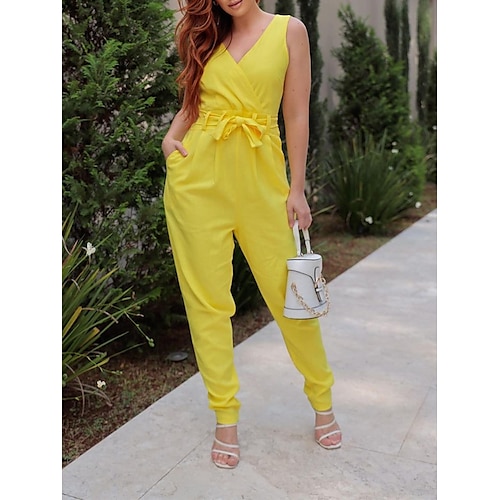 

Combinaison Femme Poche Taille haute Couleur unie Col V Vêtement de rue Bureau Plein Air Standard Sans Manches Jaune S Printemps