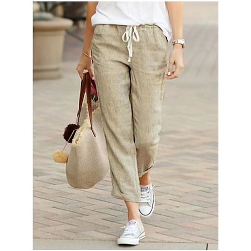Women's Chinos Normal Linen Cotton Blend Black Blue Solid Mid Waist Full Length Casual Daily Summer Spring