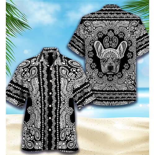 

Homens Camisa Social Camisa havaiana Floral Cachorro Estampas Abstratas colar cubano Preto Casual Feriado Manga Curta Botão para baixo Imprimir Roupa Tropical Moda Roupa de rua Havaiana