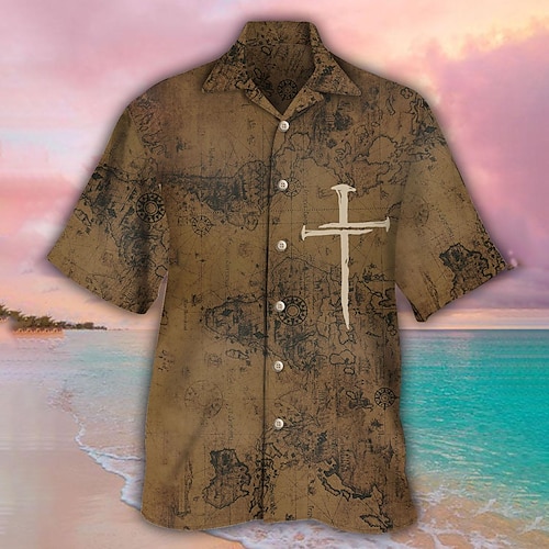 

Homens Camisa Social Camisa havaiana Camisas havaianas vintage Estampas Abstratas Vintage Cruz colar cubano Cáqui Casual Havaiana Manga Curta Botão para baixo Imprimir Roupa Tropical Moda Roupa de