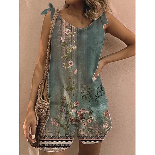 

Mulheres Macacão Imprimir Floral Gola Redonda Casual Para Noite Final de semana Ajuste Largo Com Alça Verde S M L Primavera