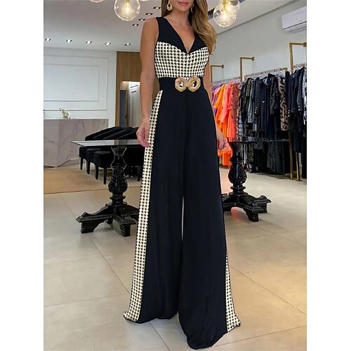 

Damen Jumpsuit Hohe Taillenlinie Bedruckt Hahnentrittmuster V Ausschnitt Elegant Ausgefallene Party Geschäft Regular Fit Ärmellos Schwarz S M L XL Frühling