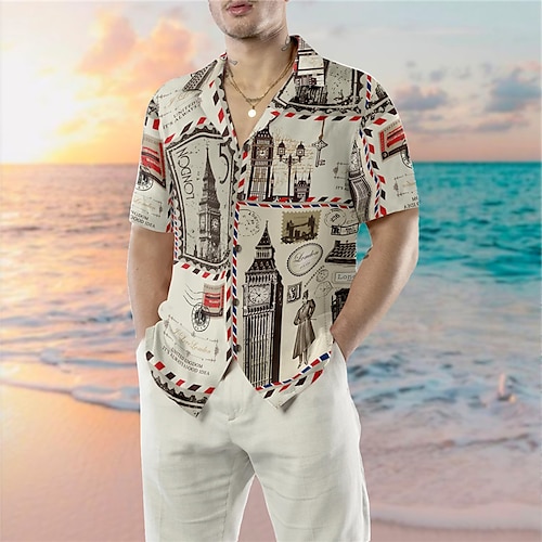 

Men's Shirt Summer Hawaiian Shirt Graphic Prints Vintage Building Cuban Collar Khaki Casual Holiday Short Sleeve Button-Down Print Clothing Apparel Tropical Fashion Streetwear Hawaiian