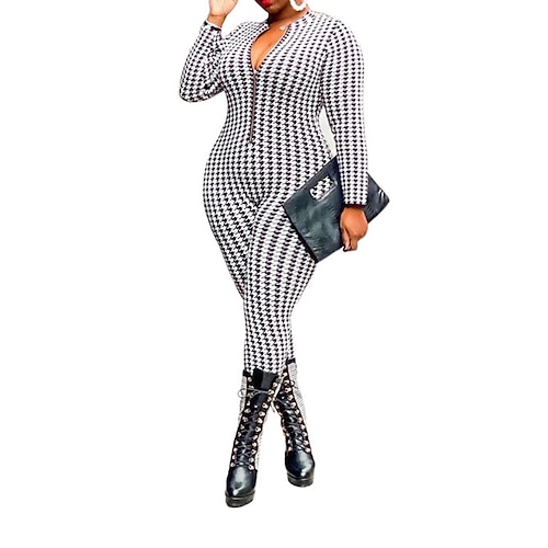 

Damen Jumpsuit Zip Gestreift V Ausschnitt Strassenmode Casual Strasse Ausgehen Regular Fit Langarm Weiß L XL XXL 3XL Herbst