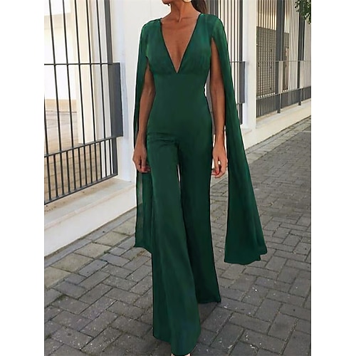 

Jumpsuit / Pantsuit Gjestekjoler til bryllup Elegant Kjole Bryllupsfest Gulvlengde Langermet V-hals Chiffon med Ren Farge 2023