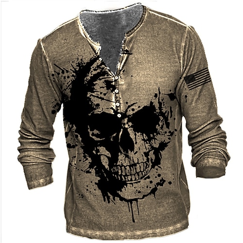 

Herre Henly-skjorte T-skjorter Grafisk Hodeskaller Henley Klær 3D-utskrift utendørs Avslappet Langermet Knapp ned Trykt mønster Mote Designer Bekvem