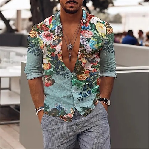 

Men's Shirt Floral Graphic Prints Turndown Blue Outdoor Street Long Sleeve Button-Down Print Clothing Apparel Sports Fashion Streetwear Designer