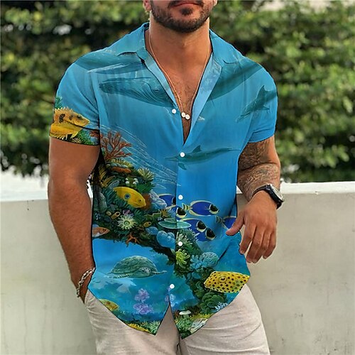 

Hombre Camisa camisa hawaiana Estampados vida marina Cuello Vuelto Azul Piscina Azul claro Calle Casual Mangas cortas Abotonar Estampado Ropa Tropical Deportes Ropa de calle Design