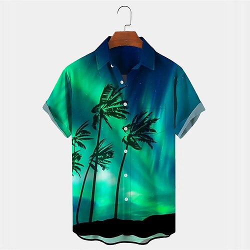 

Men's Shirt Summer Hawaiian Shirt Graphic Prints Aurora Palm Tree Turndown Blue Orange Green Outdoor Street Short Sleeves Button-Down Print Clothing Apparel Tropical Fashion Hawaiian Designer