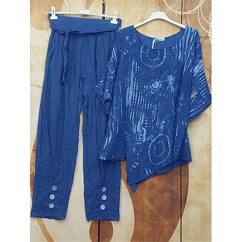 

Dame Pyjamas Pyjamas top og bukser Sæt Batikfarvet Mode Afslappet Blødt Hjem Daglig Seng Polyester Åndbart Rund hals Halvlange ærmer T-shirt Bukse Forår Efterår Gul Blå