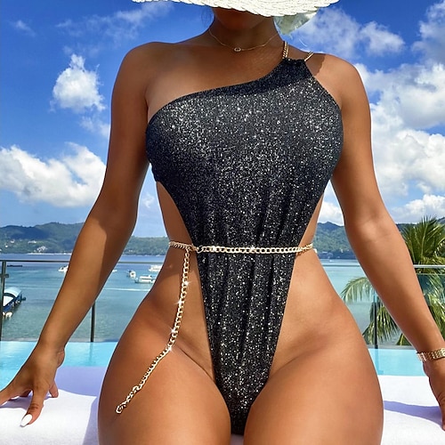 

Damen Badeanzug Ein Stück Normal Bademode Glitzer Feste Farbe Schwarz Bodysuit Badeanzüge Sport Sommer