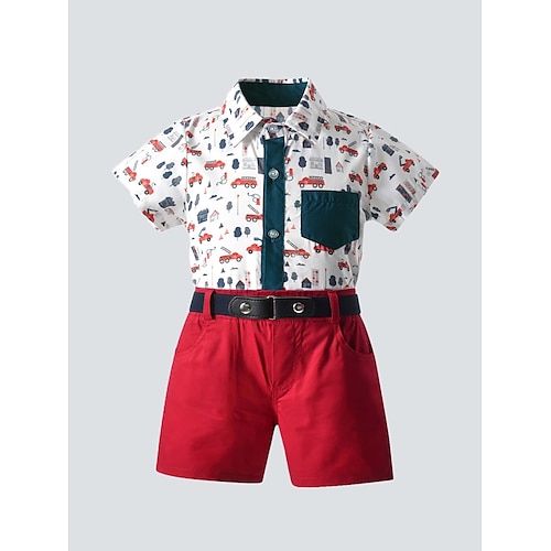 

3 Dele Baby Drenge T-shirt & Shorts Outfit Bil Kortærmet Sæt udendørs Basale Mode Sommer 3-7 år Flerfarvet