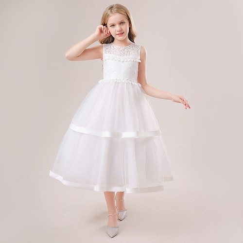 

Barn Jente Kjole Helfarge Festkjole Maksi Kjole Bryllup Blonde Crew-hals Ermeløs Prinsesse Kjole 5-12 år Høst Hvit Rosa