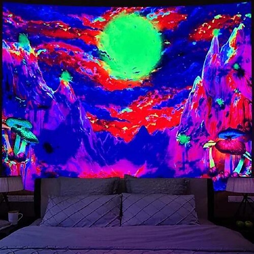 

Tapiz de luz negra de montaña trippy, hongo psicodélico reactivo uv, luna, dormitorio, arte de sala de estar, decoración, tela para colgar en la pared