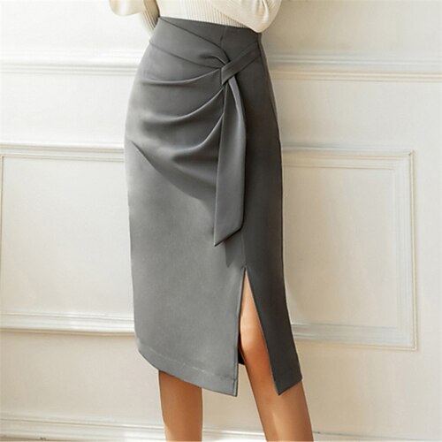 

Women's Bodycon Work Skirts Knee-length Polyester Black Khaki Grey Skirts Spring Summer Ruched Split Ends Elegant Office / Career Daily S M L