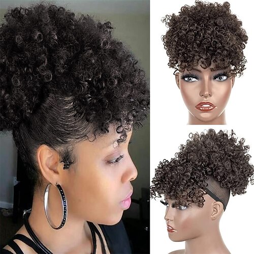 Gray Afro Puff Drawstring Ponytail with Bangs Salt and Pepper Wigs