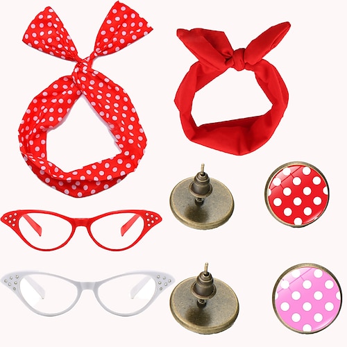 

Lot de 6 années 1950 ensemble pois bandana cravate bandeau écharpe lunettes yeux de chat boucles d'oreilles