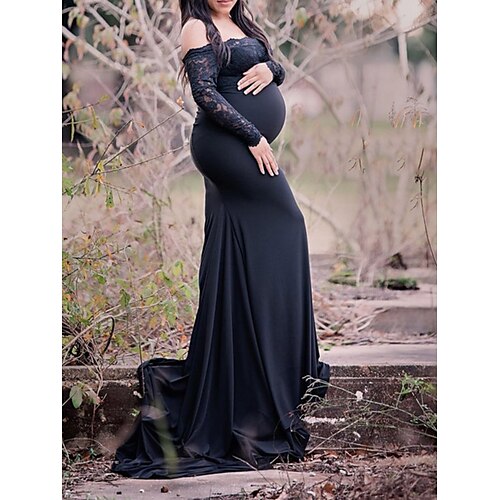 

kvinners fødselsdag formell kjole fotoshoot formell kjole ensfarget lang formell kjole maxi formell kjole langermet blonder off shoulder mote utendørs svart vår sommer s m l xl xxl