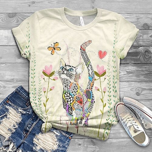 

Women's T shirt Tee Pink Blue Green Cat Print Short Sleeve Daily Weekend Basic Round Neck Regular Cat Painting S