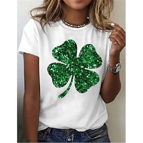 

Damen T Shirt Schwarz Weiß Grün Blumen Pflanzen Patchwork Bedruckt Kurzarm Casual Täglich Basic St. Patricks Day Rundhalsausschnitt Standard Blume S