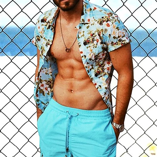 

Herren Hemd Hawaiihemd Sommerhemd Blumen Grafik-Drucke Umlegekragen Blau Strasse Casual Kurze Ärmel Button-Down Bedruckt Bekleidung Tropisch Sport Strassenmode Designer