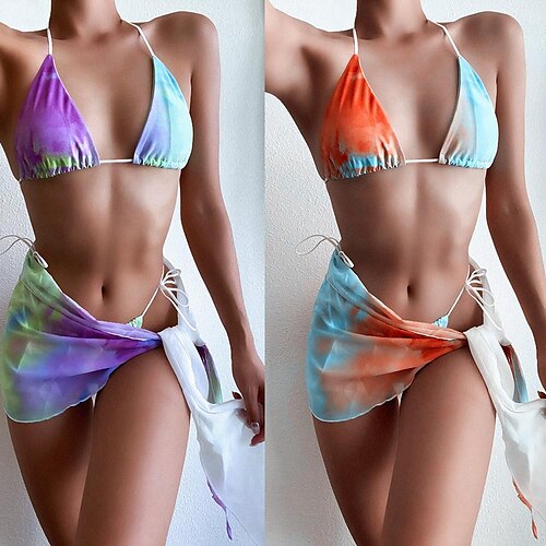 

Damen Badeanzug Bikinis Drei Stück Normal Bademode 3 Teile Print Batik Purpur Orange Badeanzüge Sport Sommer