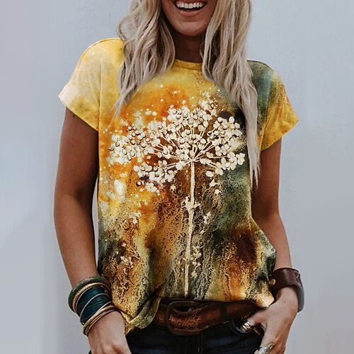 

T shirt Tee Femme Jaune Floral Imprimer Manche Courte Vacances Fin de semaine basique Col Rond Normal Standard Fleur Peinture S