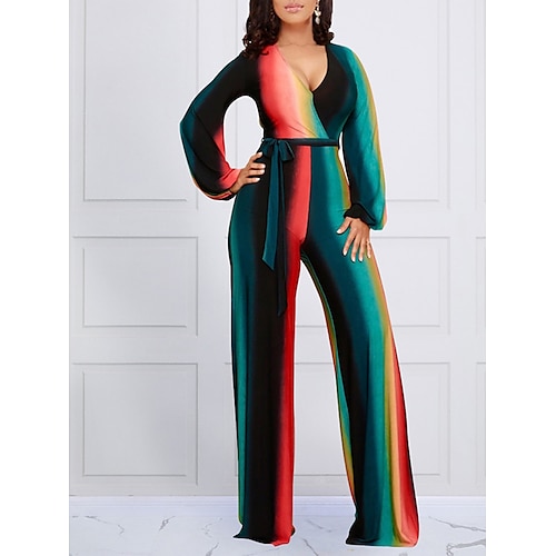 

Damen Jumpsuit mit Schnürung Regenbogen V Ausschnitt Strassenmode Brautkleider schlicht Strasse Täglich Regular Fit Langarm Schwarz S M L XL Frühling