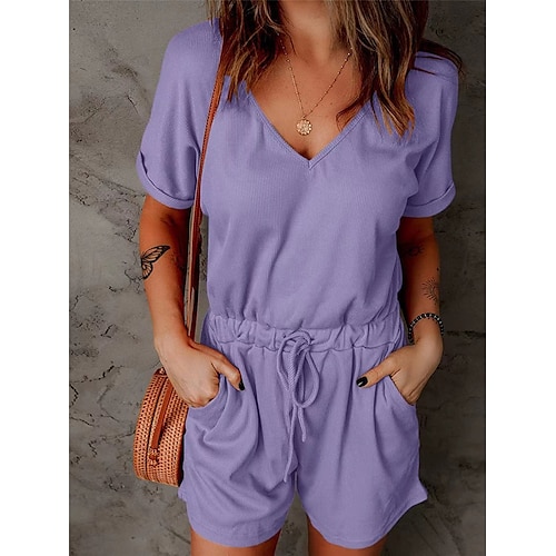 

Damen Kurz Jumpsuit Tasche Feste Farbe V Ausschnitt Brautkleider schlicht Skims Täglich Urlaub Regular Fit Halbe Ärmel Schwarz Weiß Wein S M L XL Frühling