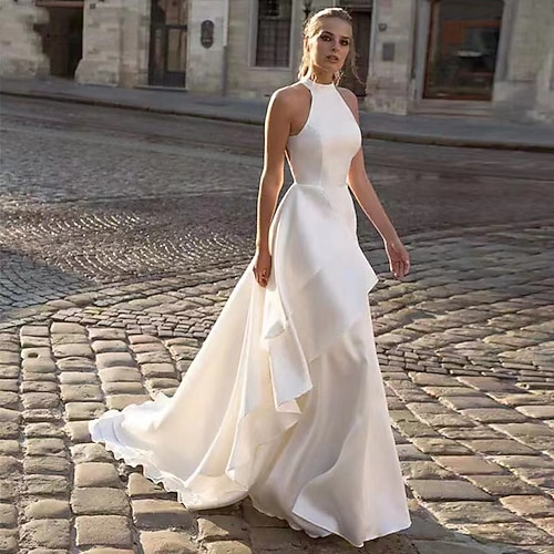 

Sala Schiena scoperta Informale Abiti da sposa Strascico da cappella Linea-A Senza maniche All'americana Raso Con Tinta unita 2023 Abiti da sposa