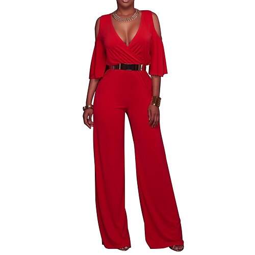 

Women's Jumpsuit High Waist Cut Out Solid Color V Neck Business Office Work Regular Fit 3/4 Length Sleeve Black Wine Red S M L Spring